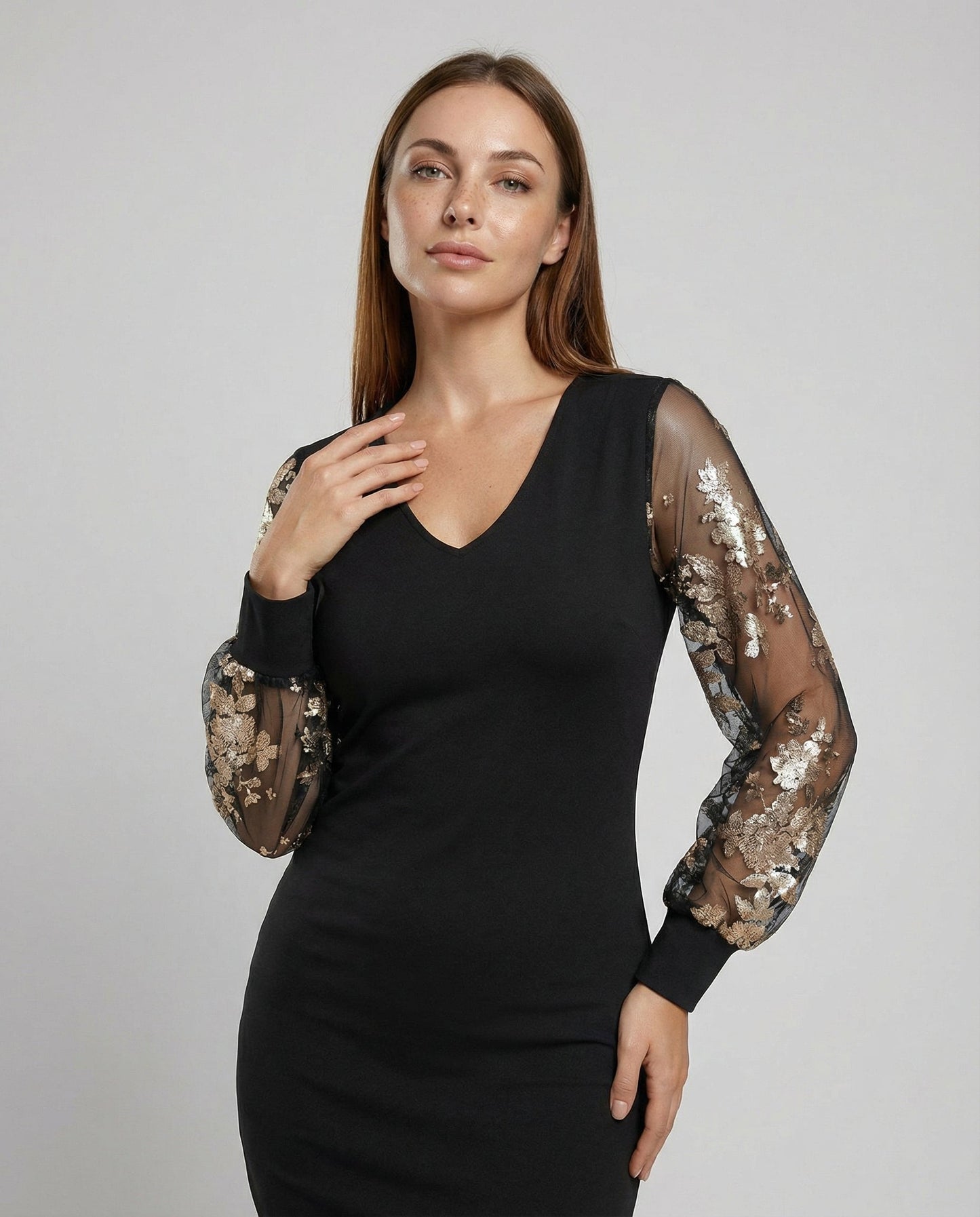 Black Flower Mesh Midi Dress